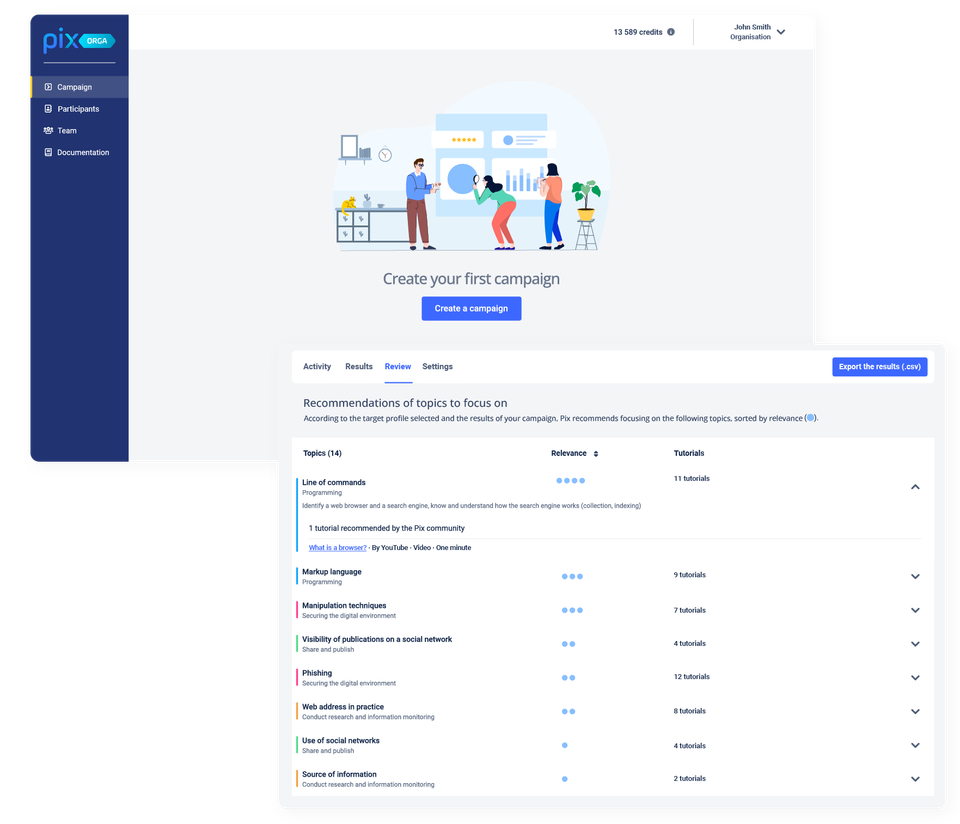 An example of feature available on Pix Orga: the "Review" page to analyse the results of learners after a test and get custom recommendations of topics to focus on and tutorials for this group of learners.