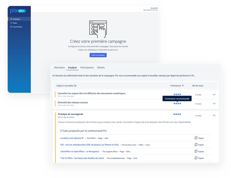 Exemple de fonctionnalité disponible sur Pix Orga : la page de création de campagne de test et la page "Analyse" pour analyser les résultats des apprenants après un parcours de test.